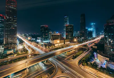 A lit up city at night