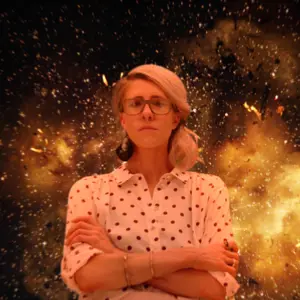 Sonya Teich, female software engineer with explosions in the background