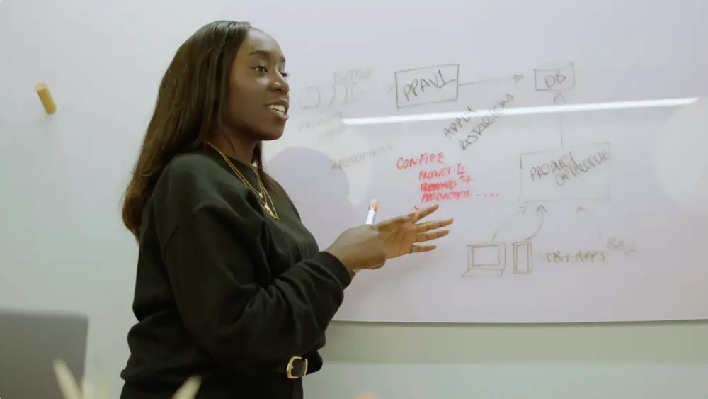 Tanda Kabanda: Female software engineer presents on whiteboard to her team