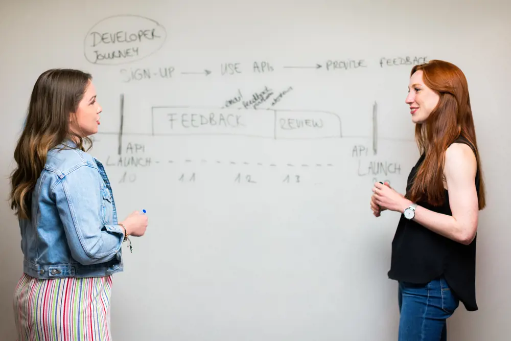 Female software engineers stand in front of a whiteboard with diagrams on