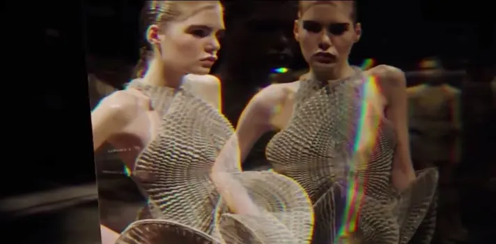 Female model in engineered dress